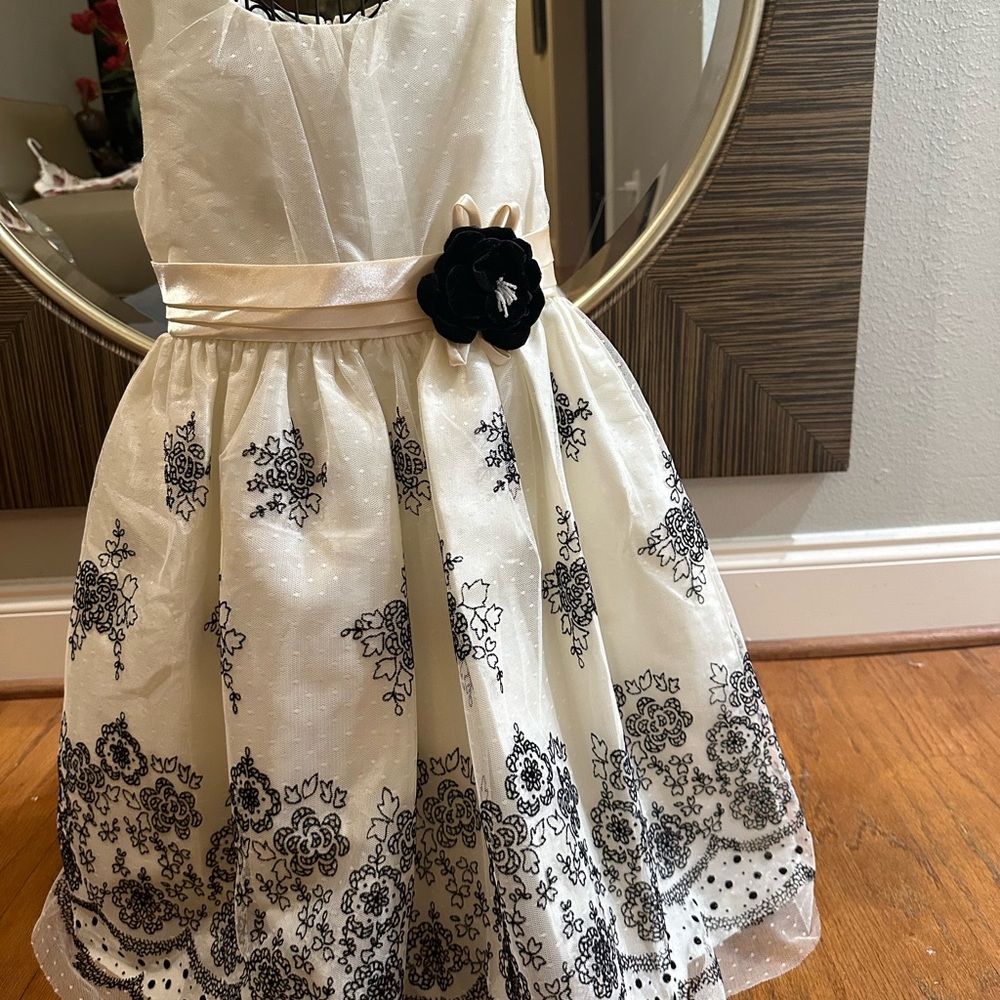 Elegant Ivory and Black Floral Kids Dress